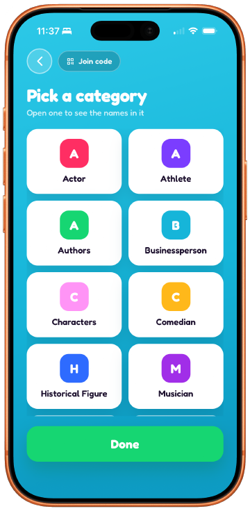 The live Pick a category screen: a grid of lettered tiles for Actor, Athlete, Authors, Businessperson, Characters, Comedian, Historical Figure and Musician, with a Done button.