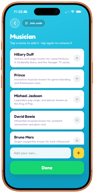 The live Musician category: a list of names including Hillary Duff, Prince, Michael Jackson, David Bowie and Bruno Mars, each with a one-line description and an add button, plus an Add your own field.