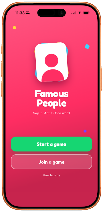 The live Famous People home screen: the app icon on a pink background, with Start a game, Join a game, and a How to play link.