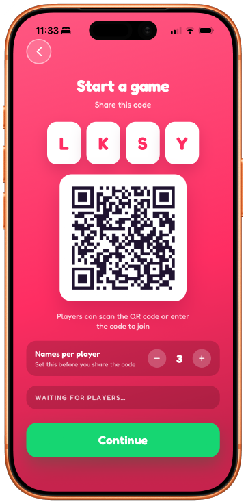 The live Start a game screen: a four-letter code shown as separate tiles, a QR code, a Names per player stepper set to 3, a waiting for players strip and a Continue button.