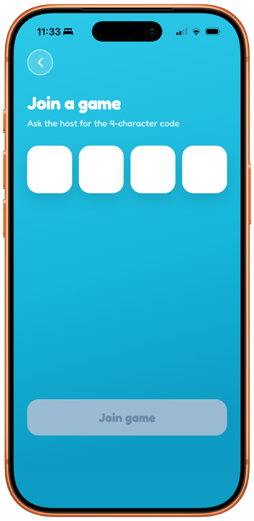 The live Join a game screen: four empty character boxes under the instruction Ask the host for the 4-character code, and a Join game button.