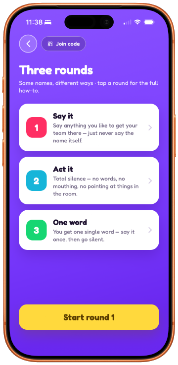 The live Three rounds screen: numbered cards for Say it, Act it and One word, each with a short explanation, above a Start round 1 button.