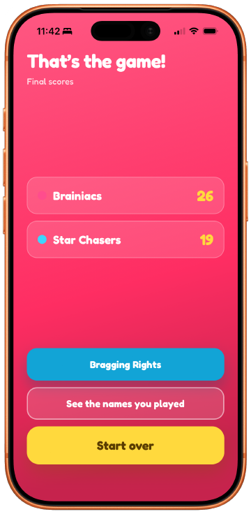 The live end of game screen: That's the game! with final scores of Brainiacs 26 and Star Chasers 19, and buttons for Bragging Rights, See the names you played, and Start over.