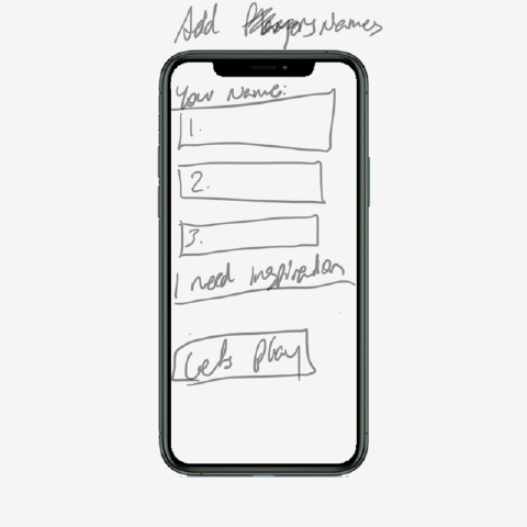 Pencil sketch titled Add Player Names: a Your Name field, three numbered boxes, a link reading I need inspiration, and a Lets Play button.