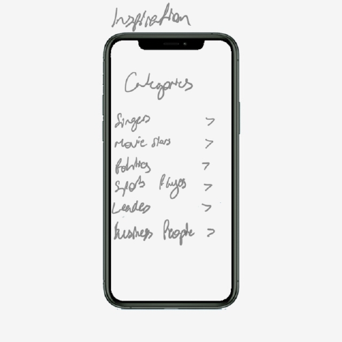 Pencil sketch titled Inspiration: a Categories heading over a list — Singers, Movie stars, Politics, Sports players, Leaders, Business people — each with a chevron.