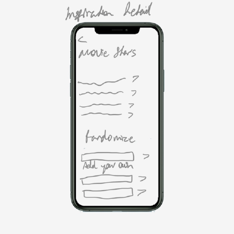 Pencil sketch titled Inspiration Detail: a Movie stars heading, a list of names with chevrons, a Randomize control, and an Add your own row.