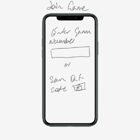 Pencil sketch titled Join Game: Enter game number above an empty box, the word or, then Scan QR code beside a small drawing of a QR code.