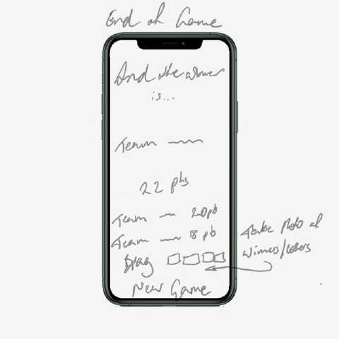 Pencil sketch titled End of Game: And the winner is, a team on 22 points, two more teams on 20 and 18 points, a New Game button, and a margin note reading take photo of winners and losers.