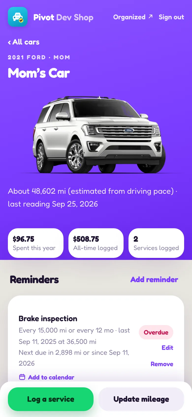 One car's page on a phone: Mom’s Car, a Ford Expedition, with its reminders — brake inspection overdue, cabin air filter due soon with an estimated date — each with an Add to calendar link.