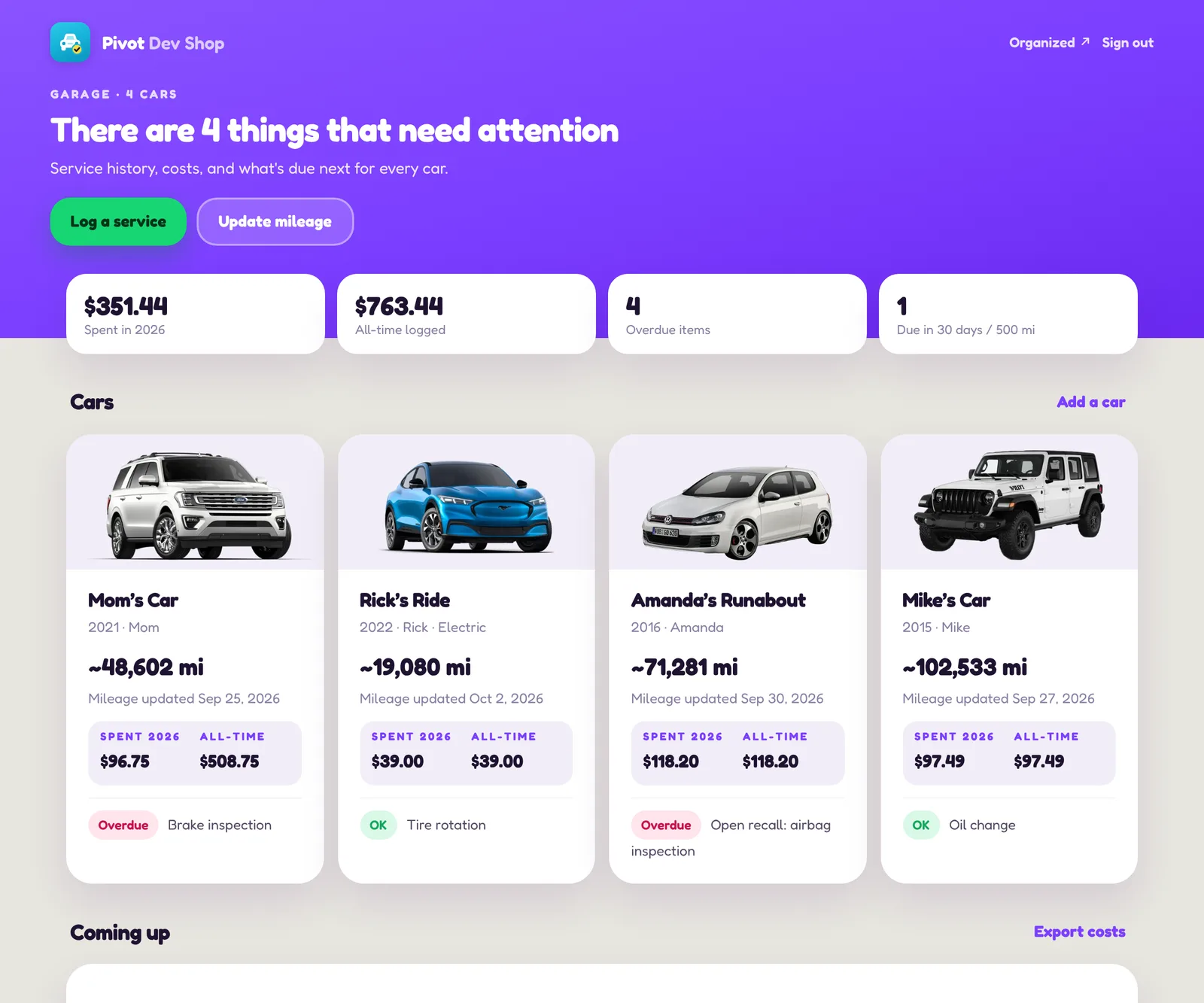 Garage on a laptop: four example cars side by side, each with a photo — a white Ford Expedition, a blue Mustang Mach-E, a white VW GTI and a white Jeep Wrangler — each showing mileage, spend this year and all-time, and the most urgent reminder, above a Coming up list.
