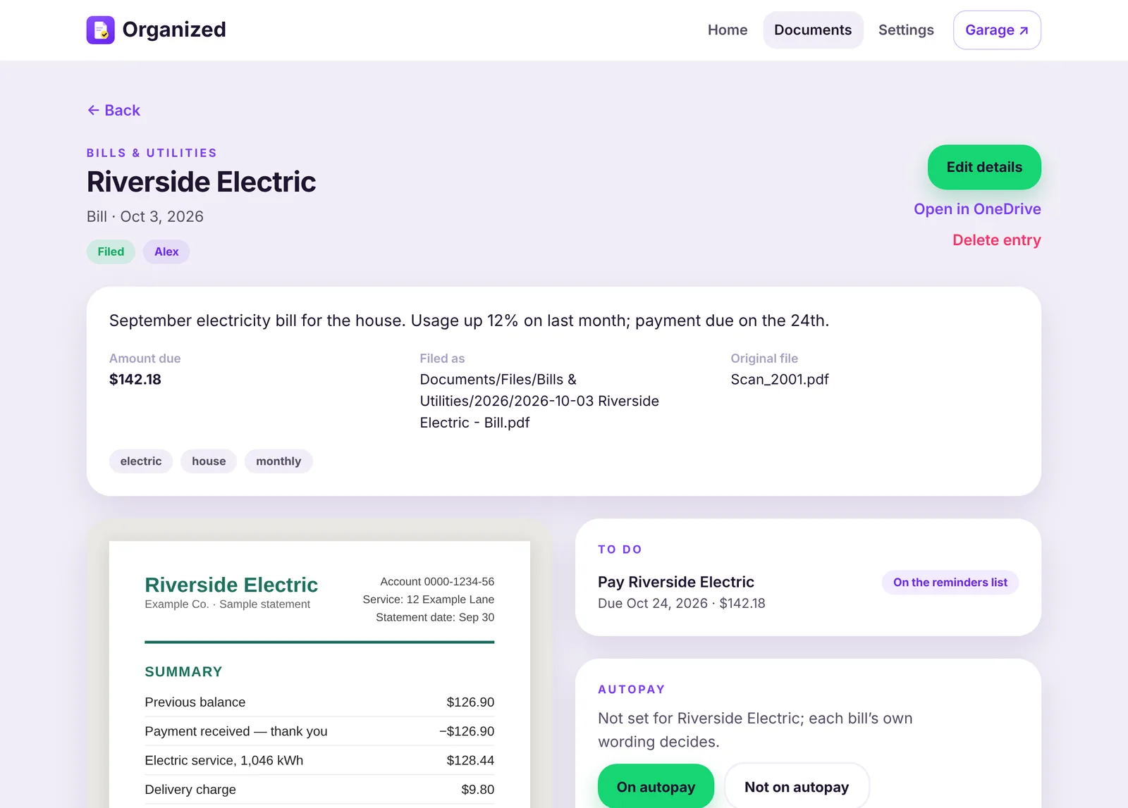 One document on a laptop: an example Riverside Electric bill, filed under Bills and Utilities, with a one-line summary, the amount due, its filed location, the sample bill itself, and a To do card reading Pay Riverside Electric, due Oct 24.
