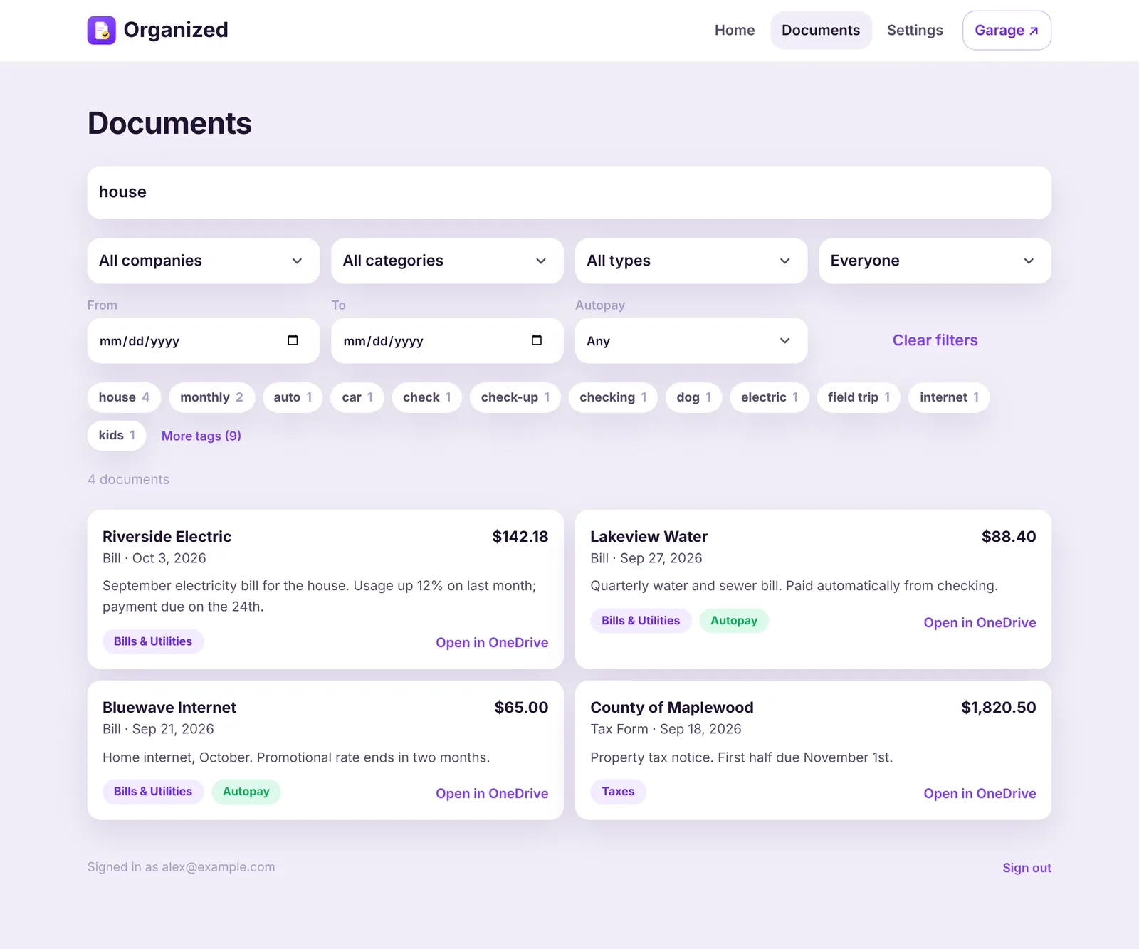 The Documents search page on a laptop: a search for house, filters for company, category, type, person, dates and autopay, a row of tags, and four matching example bills.